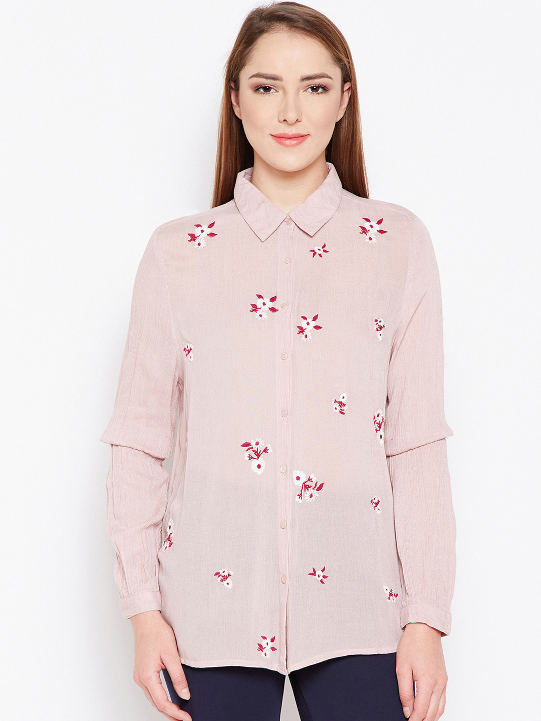 

Oxolloxo Women Pink Regular Fit Embroidered Casual Shirt