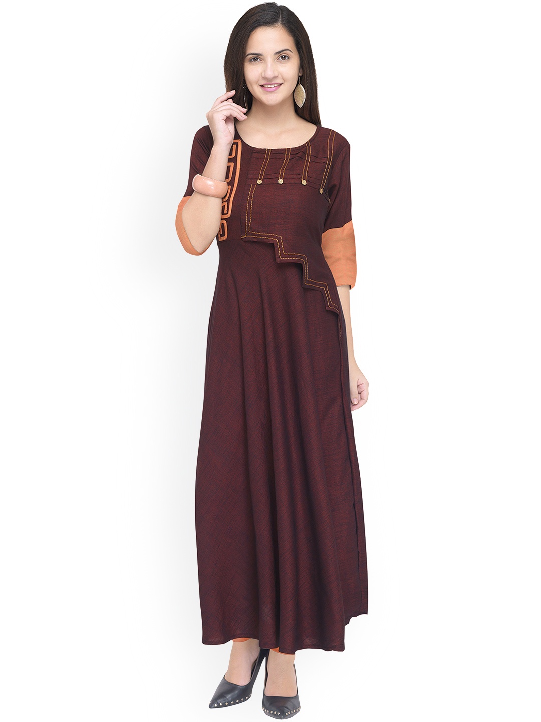 

Kvsfab Women Brown Colourblocked A-Line Kurta