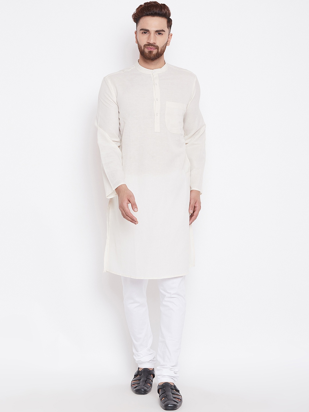 

even Men Cream-Coloured Solid Straight Kurta