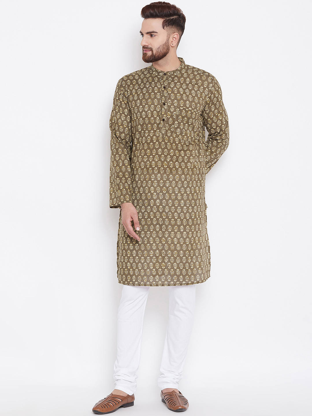 

even Men Brown Printed Straight Kurta