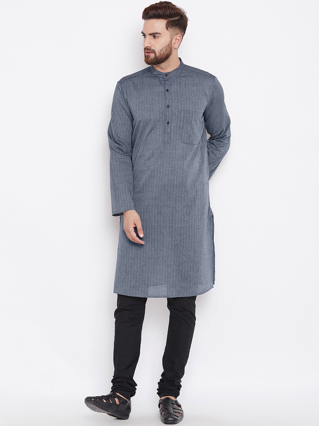 

even Men Grey Striped Straight Kurta
