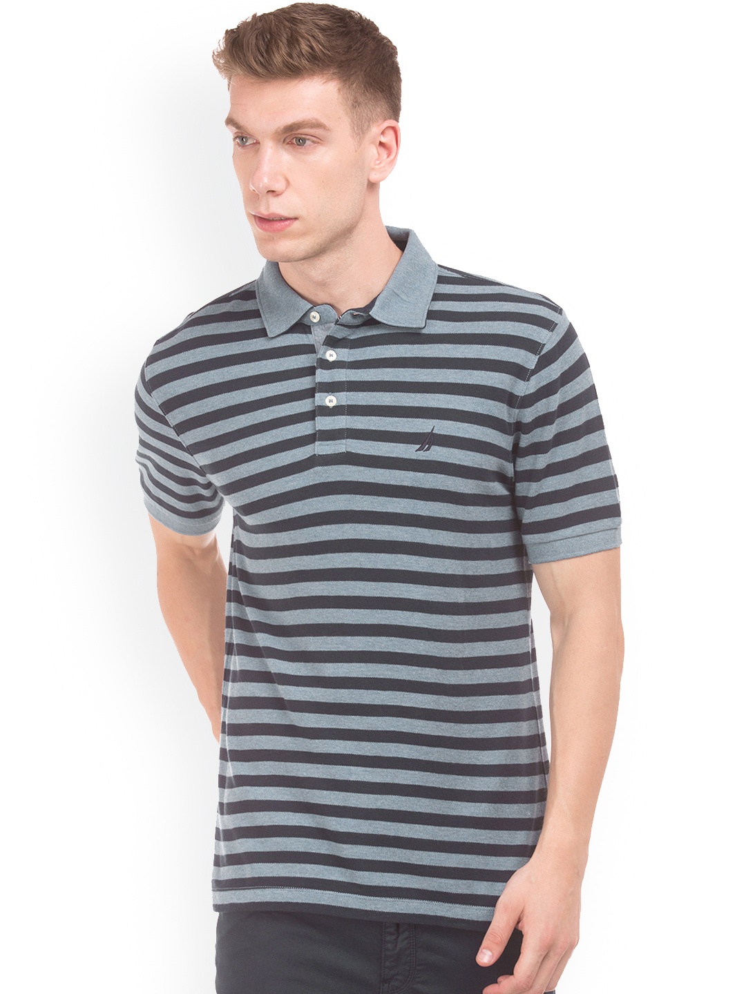 

Nautica Men Blue Striped Polo Collar T-shirt