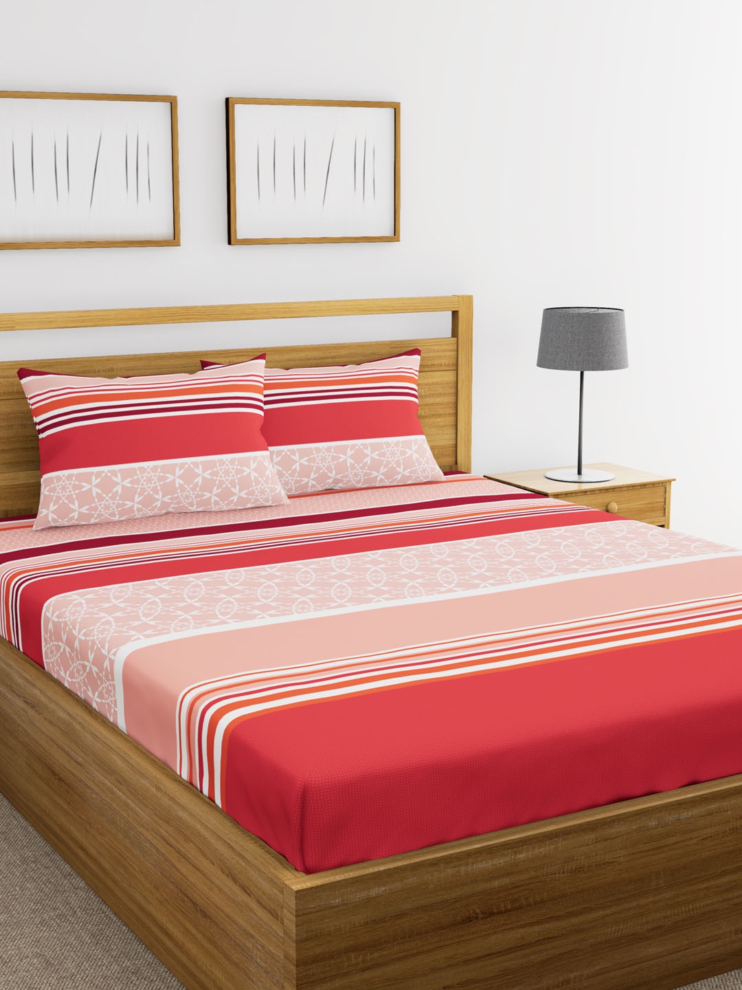 

BIANCA Peach-Coloured & Red Striped Flat 180 TC Cotton 1 Double Bedsheet 2 Pillow Covers