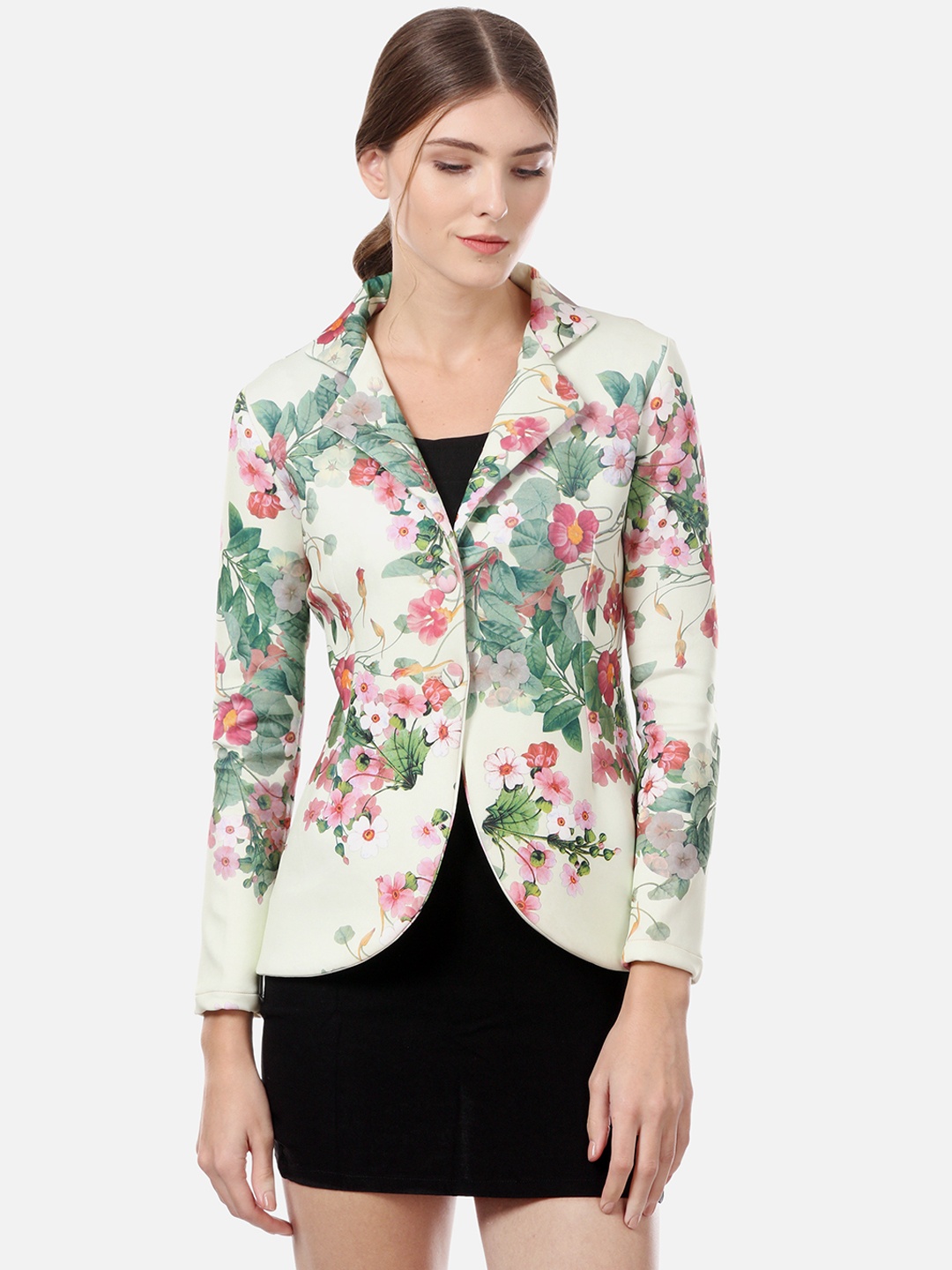

Saadgi Women White & Green Floral Print Single-Breasted Casual Blazer