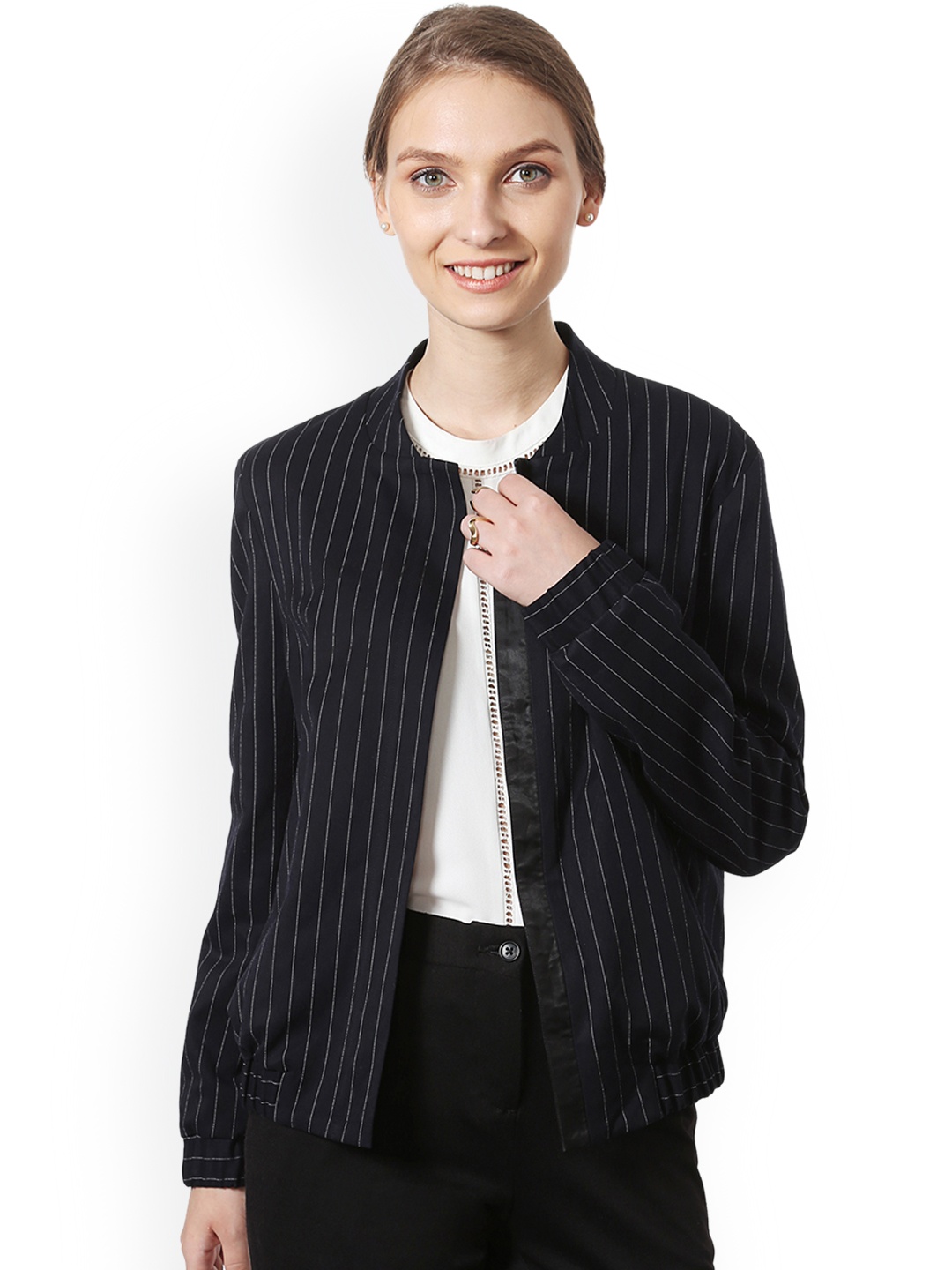 Allen Solly Woman Women Black Striped Open Front Jacket