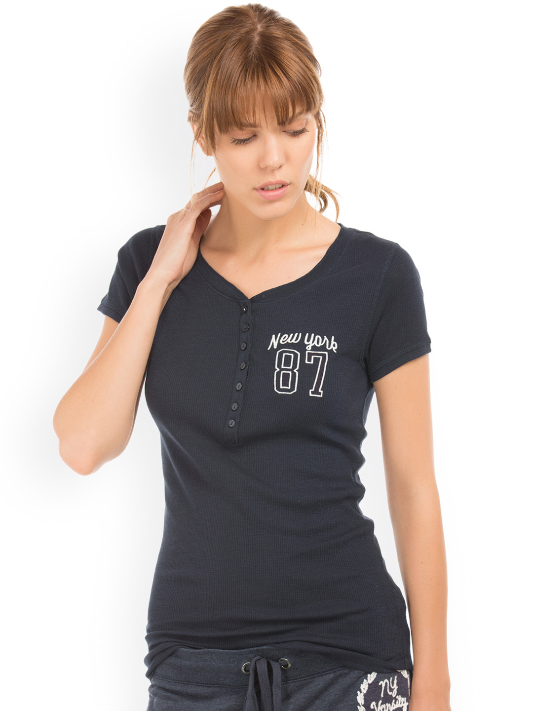 

Aeropostale Women Navy Blue Printed Henley Neck T-shirt