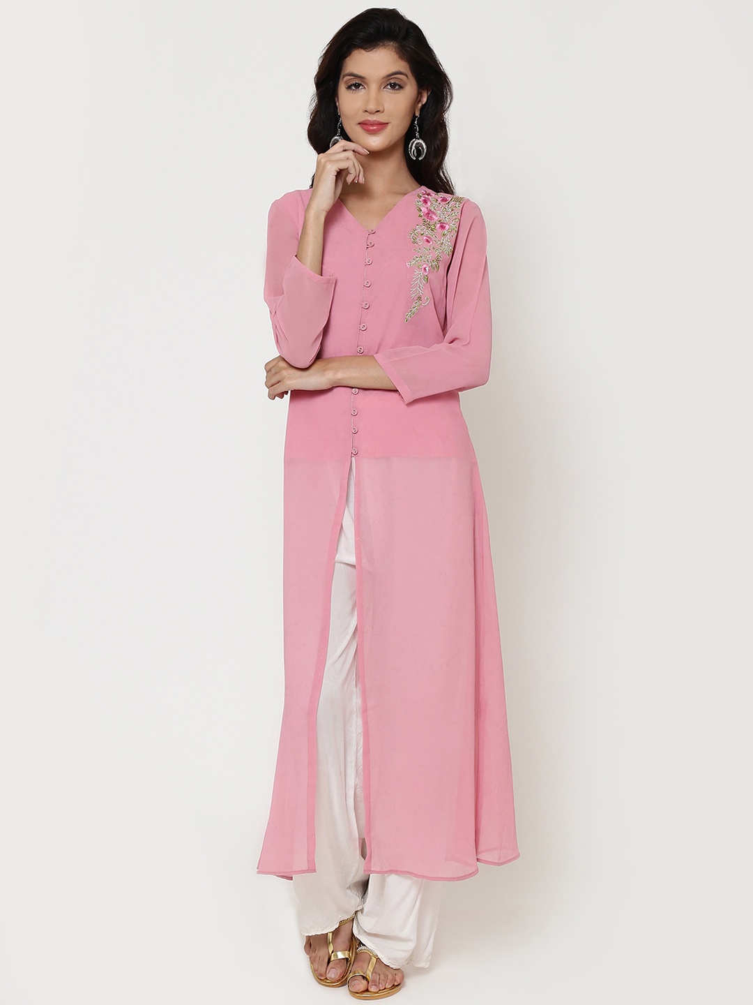 Be Indi Women Pink Embroidered A-Line Kurta