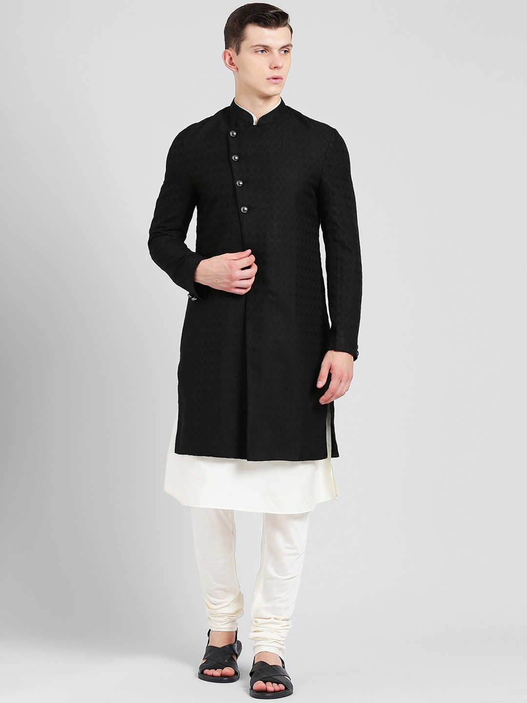 KISAH Men Black, White & Off-White Indowestern Sherwani Set