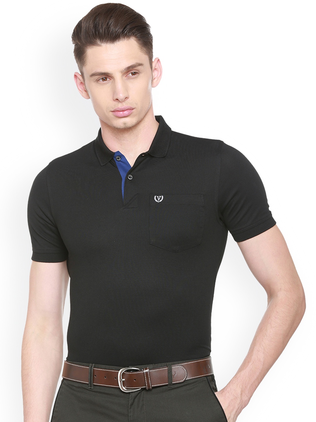 

Van Heusen Sport Men Black Solid Polo Collar T-shirt