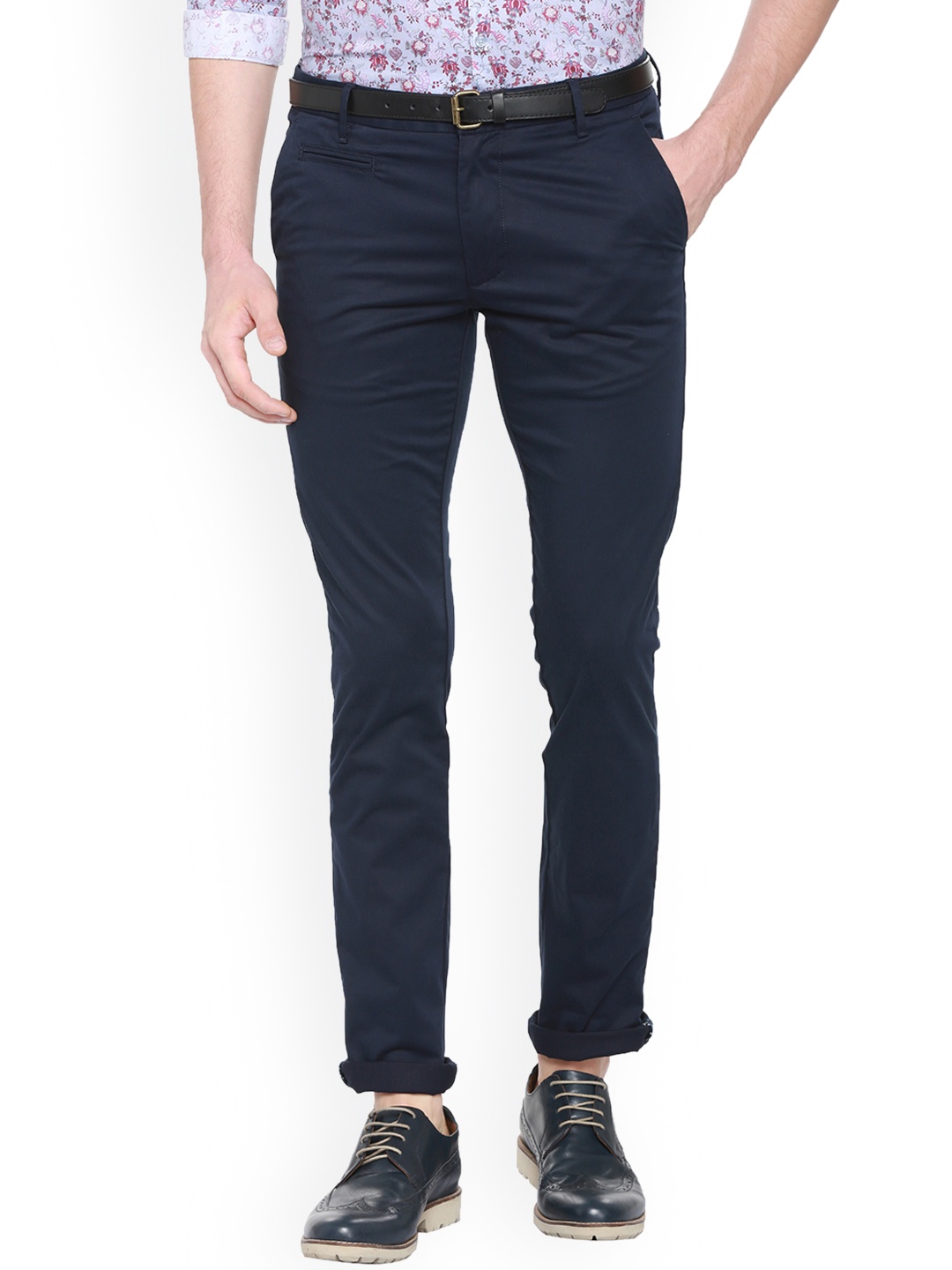 V Dot Men Navy Blue Slim Fit Solid Chinos
