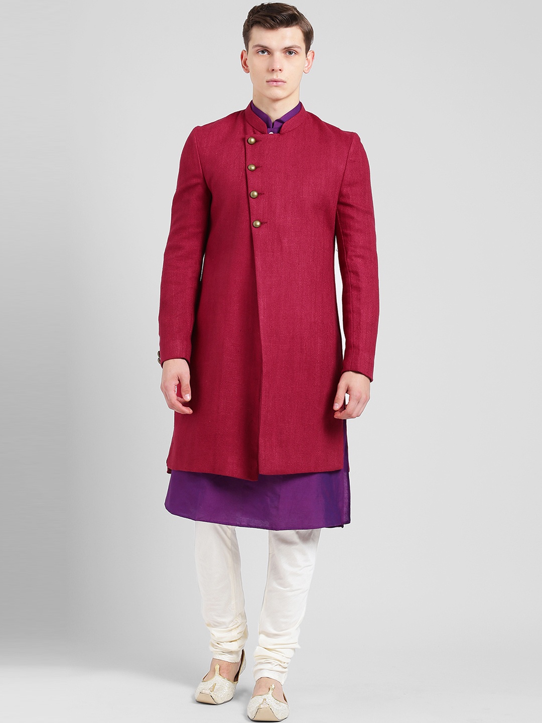 

KISAH Men Red, Purple & Off-White Indowestern Sherwani Set