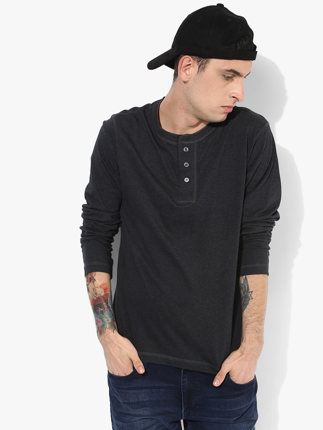 

Charcoal Grey Solid Regular Fit Henley T-Shirt
