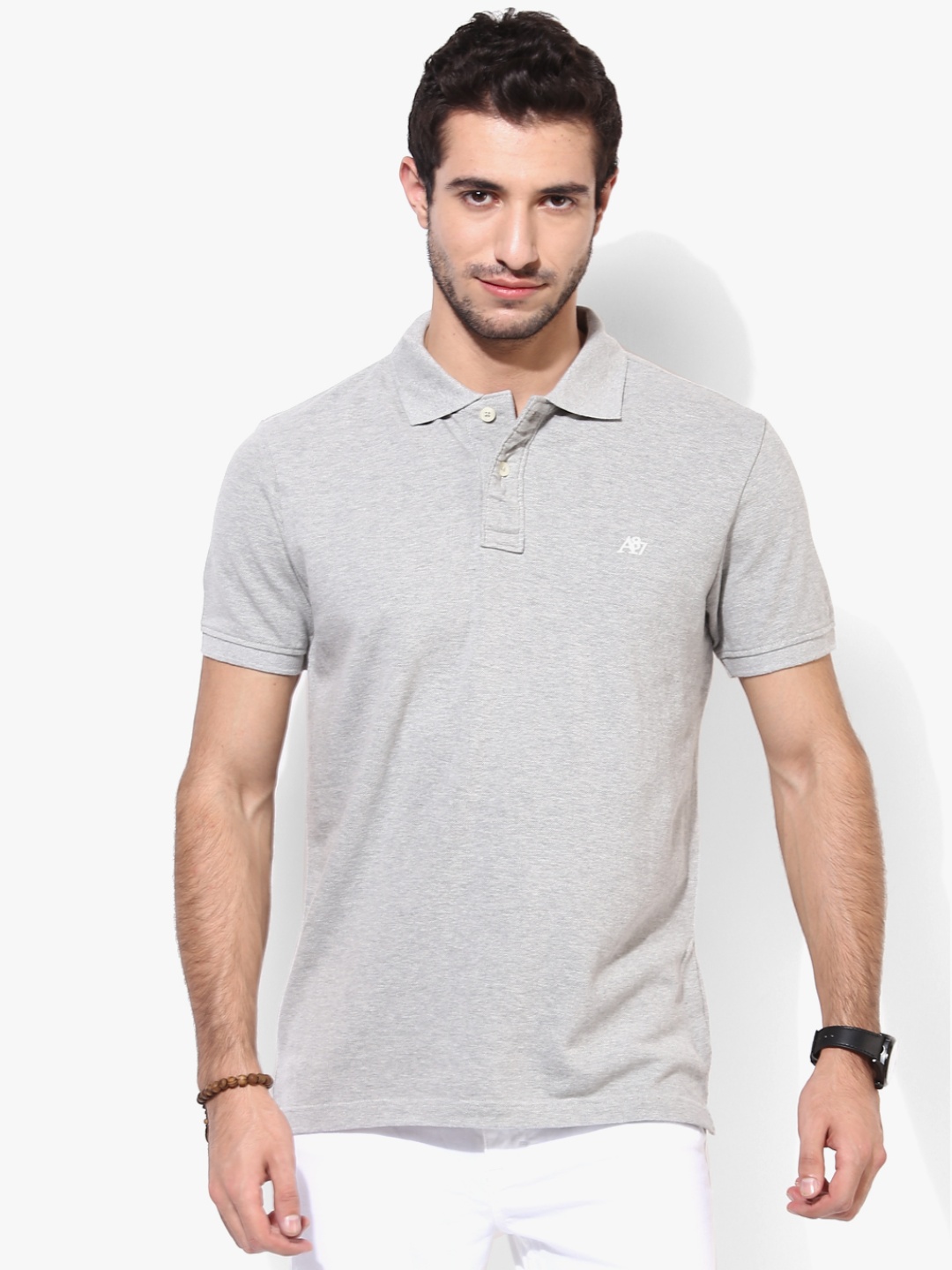 

Aeropostale Men Grey Melange Solid Polo Pure Cotton T-shirt