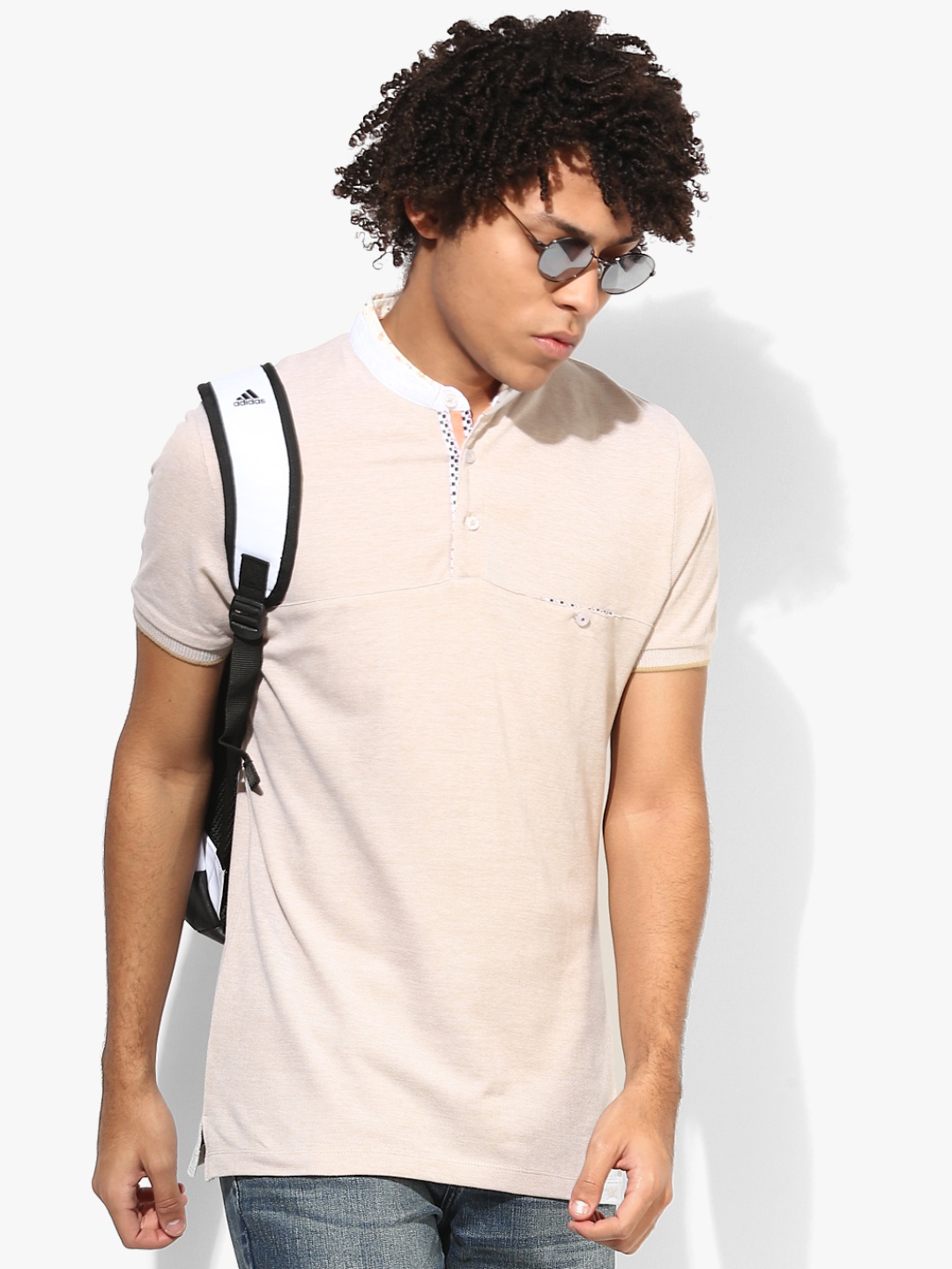 

Beige Solid Slim Fit Mandarin T-Shirt