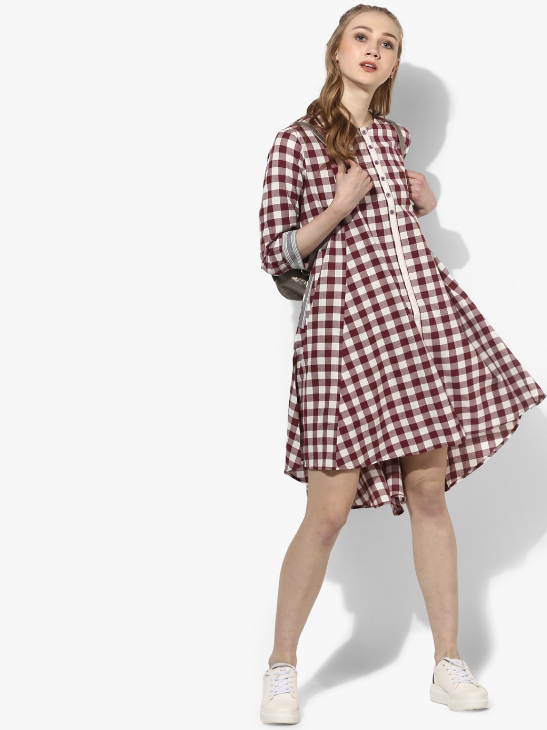 

Maroon Coloured Checked Shift Dress