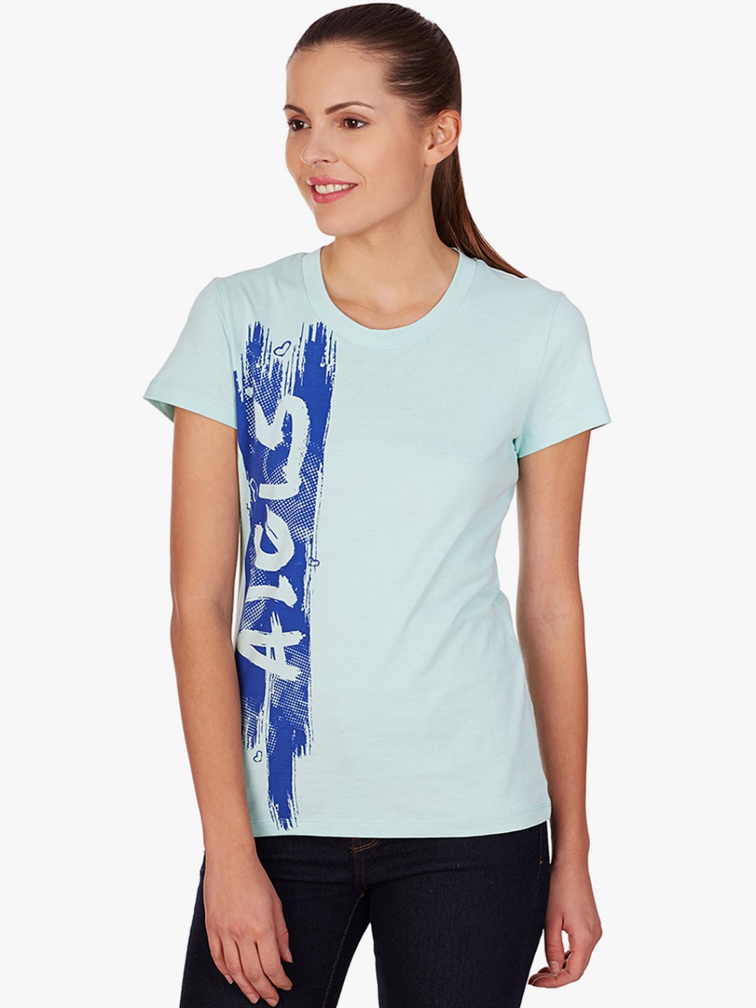 

Alcis Women Turquoise Blue Brand Logo Printed Round Neck T-shirt