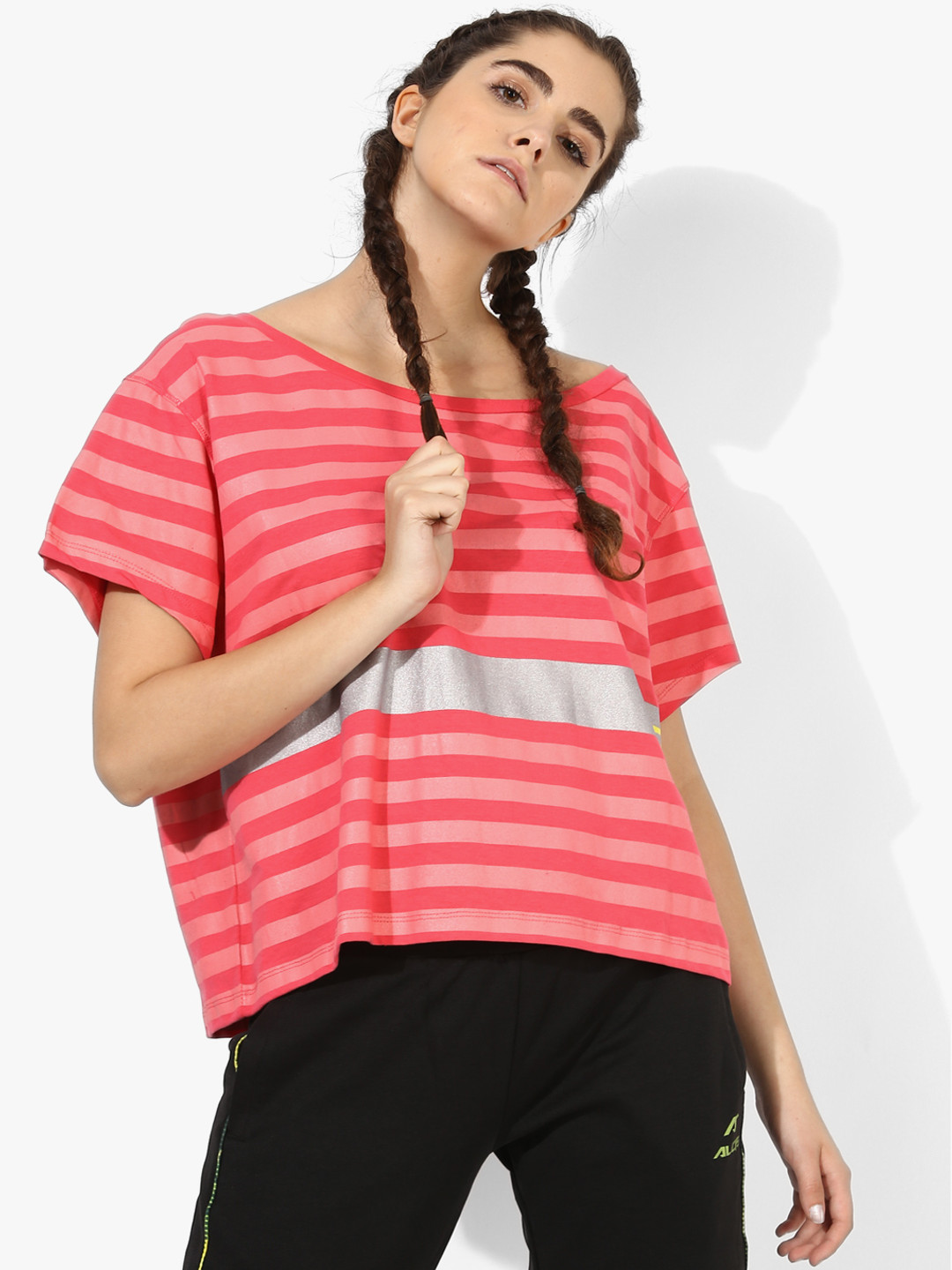 

Alcis Women Pink Striped Boxy Pure Cotton Top