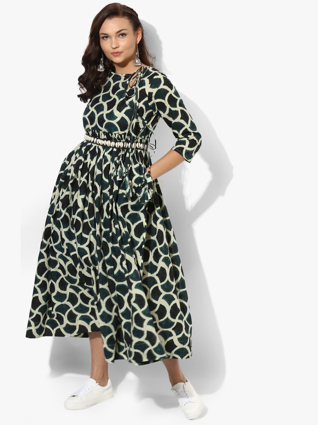 

Round Neck Printed Angrakha With 3/4Th Sleeves, Green