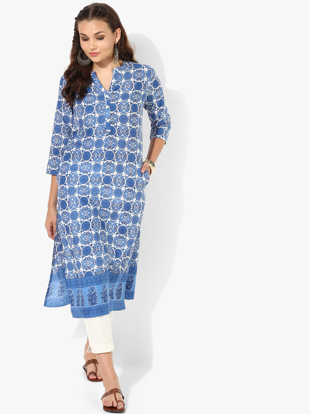 

Printed Band Collar Straight Fit Kurta With 3/4th Sleeves, Blue