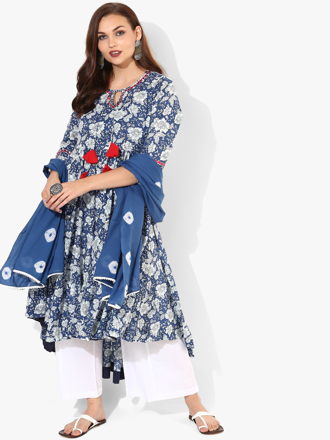 

Round Neck Printed Circular Anarkali Along With Flared Solid Palaazo And Voile Crushed Tie Dye Dupatta, Blue
