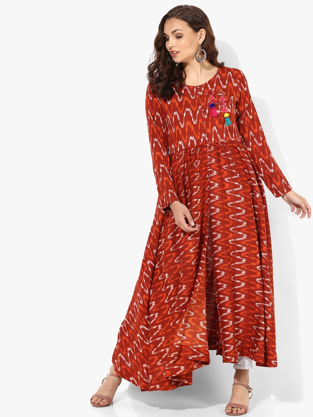 

Round Neck Printed Rayon Shrug With Embroidery Detail, Maroon