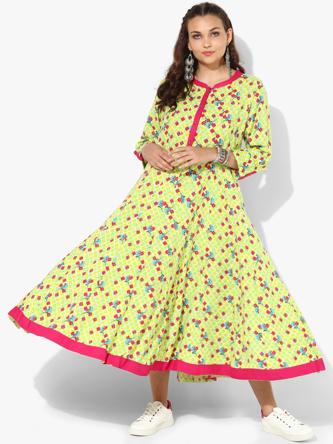 

Green Printed Band Collar Anarkali With 3/4Th Sleeves