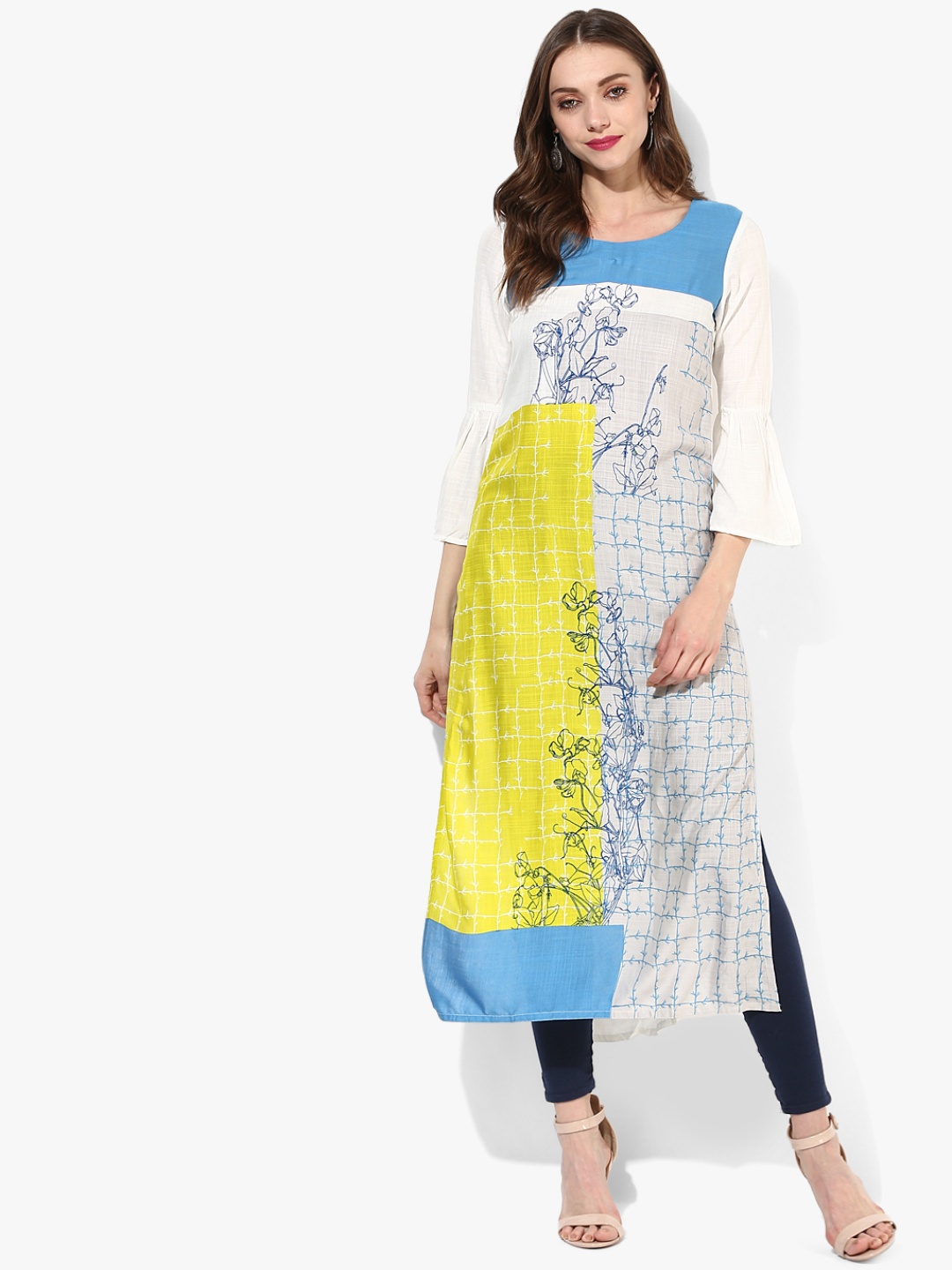 

RANGMANCH BY PANTALOONS Women White & Yellow Colourblocked Straight Kurta