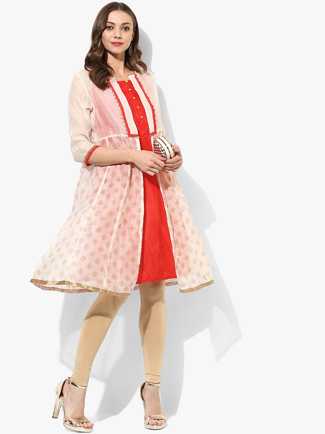 

RANGMANCH BY PANTALOONS Off White Embroidered Kurta With Lining, Orange