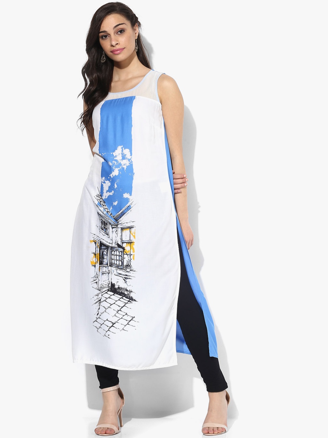 

RANGMANCH BY PANTALOONS Women White & Blue Printed A-Line Kurta