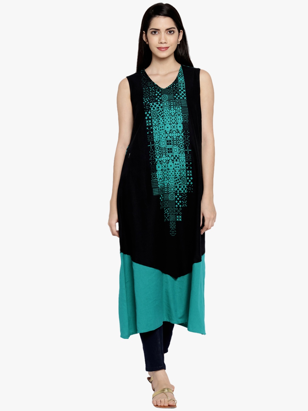

RANGMANCH BY PANTALOONS Women Turquoise Blue & Black Printed A-Line Kurta