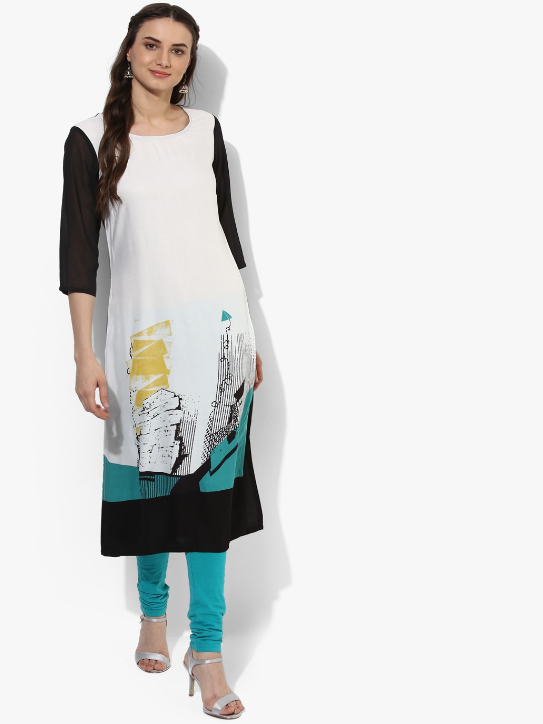 

RANGMANCH BY PANTALOONS Women Off-White & Black Printed A-Line Kurta