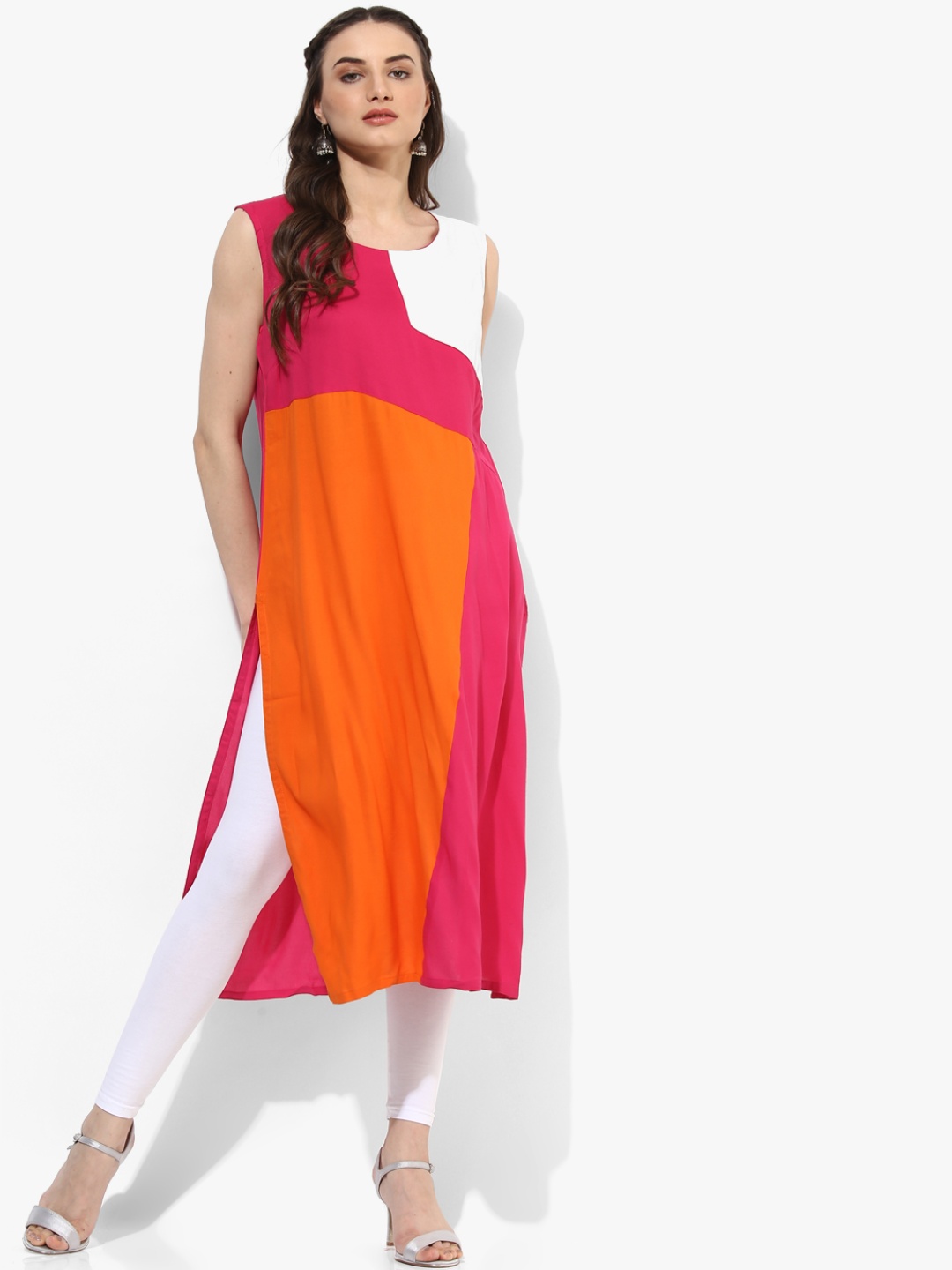 

RANGMANCH BY PANTALOONS Women Pink & Orange Colourblocked Straight Kurta