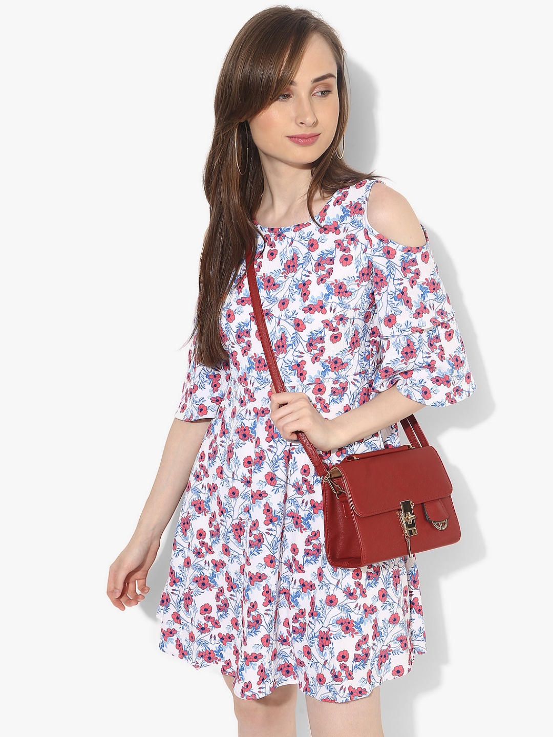 

Honey by Pantaloons White & Blue Floral Printed Cold-Shoulder A-Line Dress