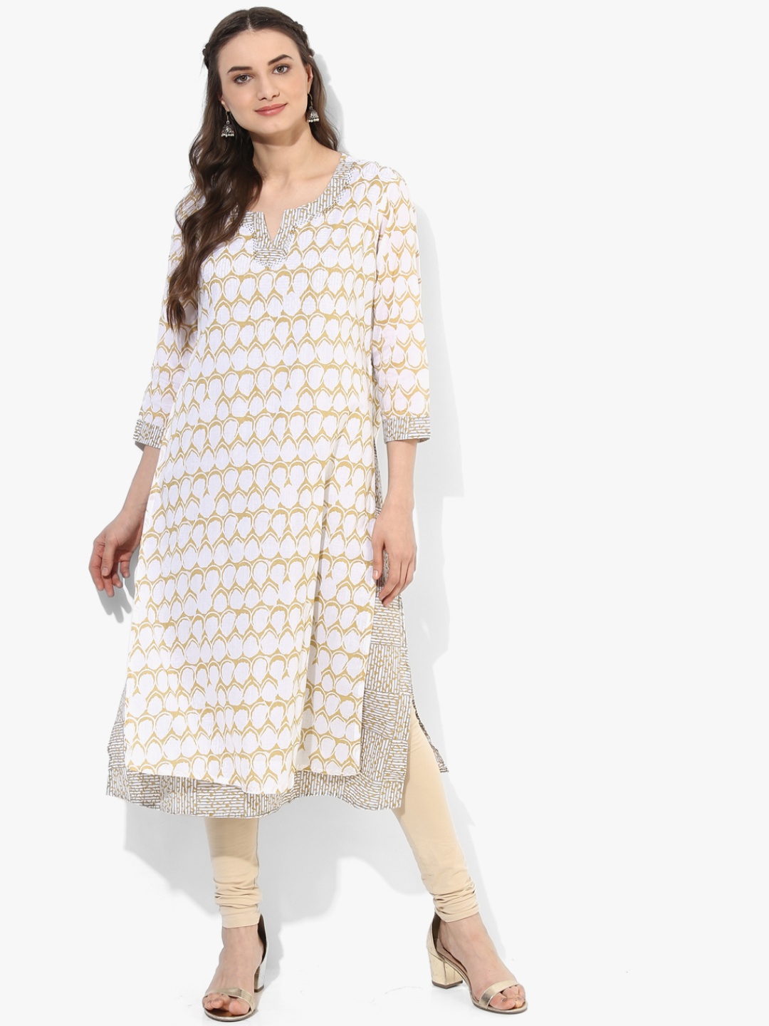 

RANGMANCH BY PANTALOONS Women Off-White & Mustard Yellow Printed A-Line Layered Kurta