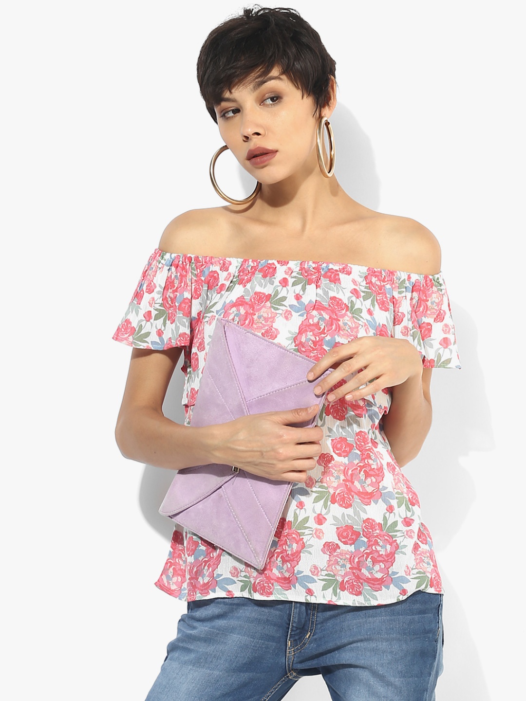 

Honey by Pantaloons Women White & Pink Floral Print Off-Shoulder Bardot Top