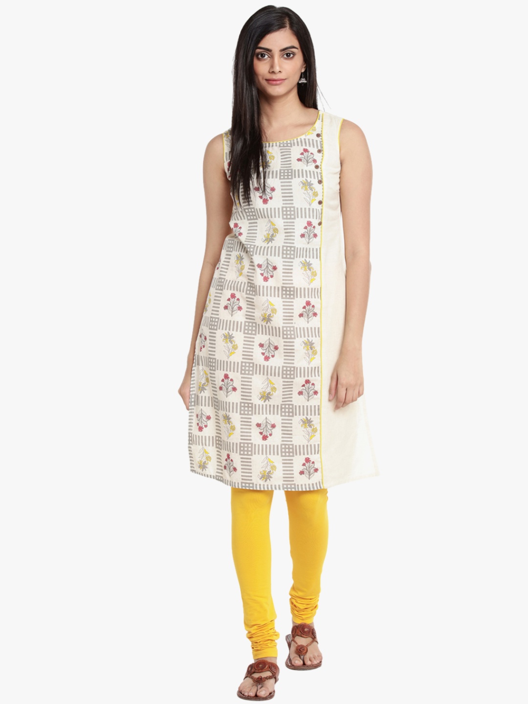 

RANGMANCH BY PANTALOONS Floral Print Cotton Linen Kurta, Beige