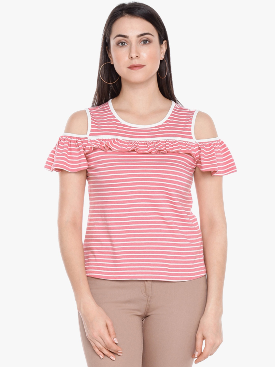 

Honey by Pantaloons Women Pink & Off-White Striped Cold Shoulder Pure Cotton Top