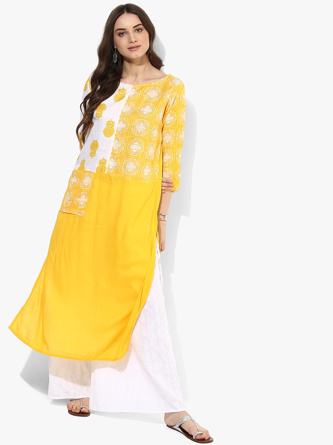 

RANGMANCH BY PANTALOONS Women Yellow Printed Straight Kurta