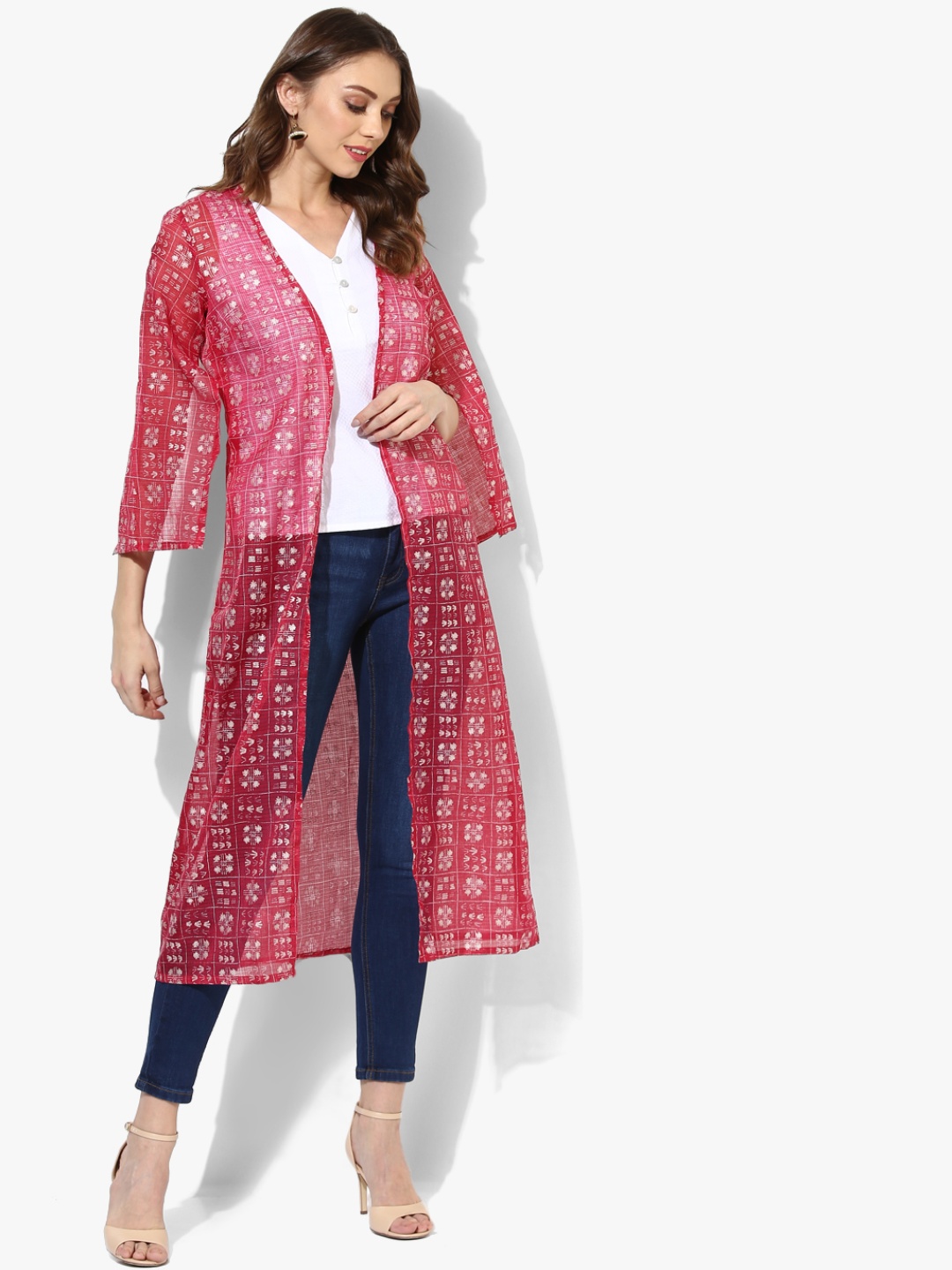 

RANGMANCH BY PANTALOONS Women Red & White Printed Longline Sheer Shrug