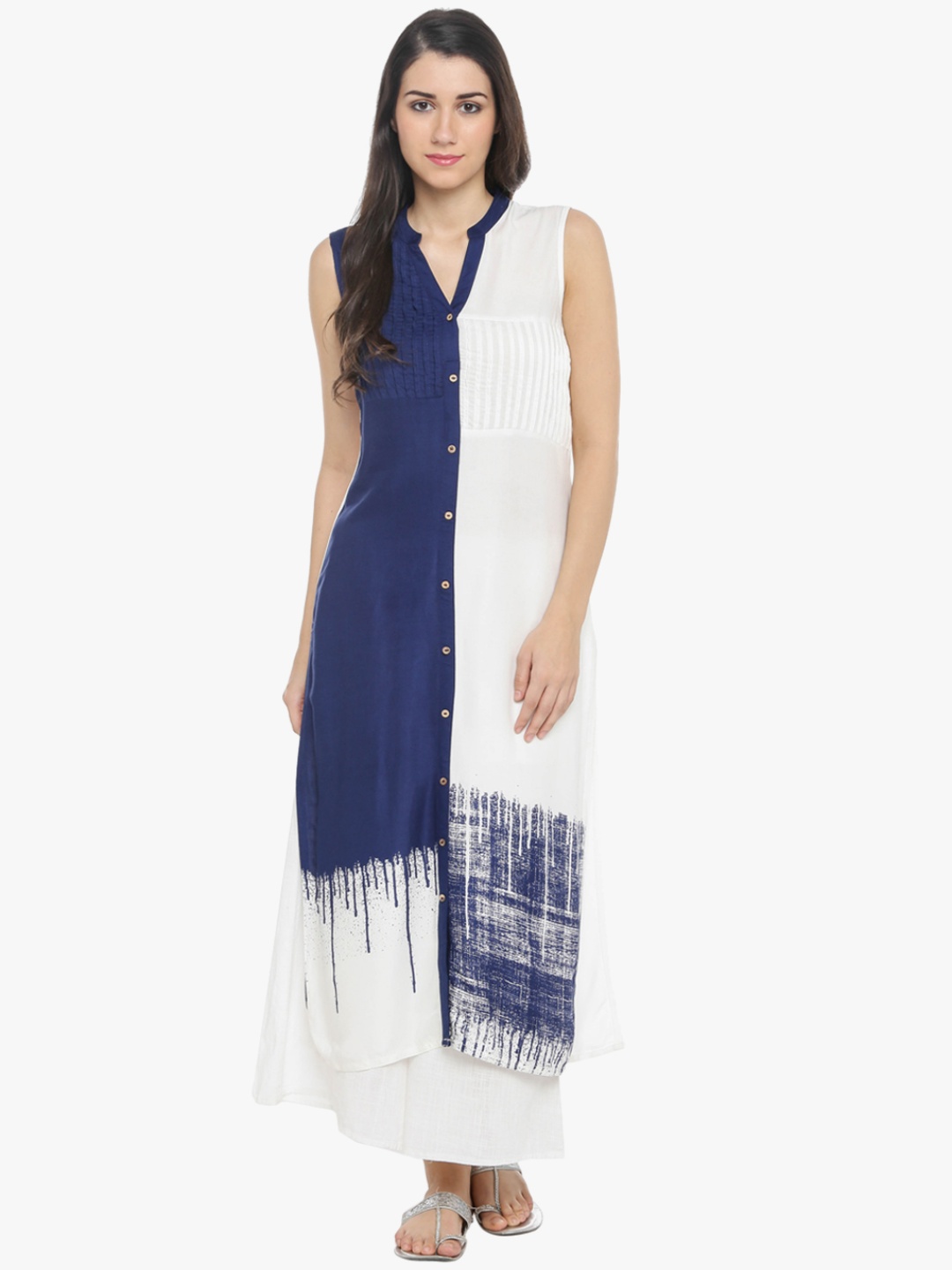 RANGMANCH BY PANTALOONS Women White & Blue Printed Straight Kurta