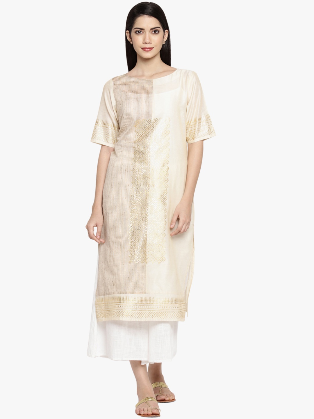 

RANGMANCH BY PANTALOONS Women Off White & Beige Striped Kurta