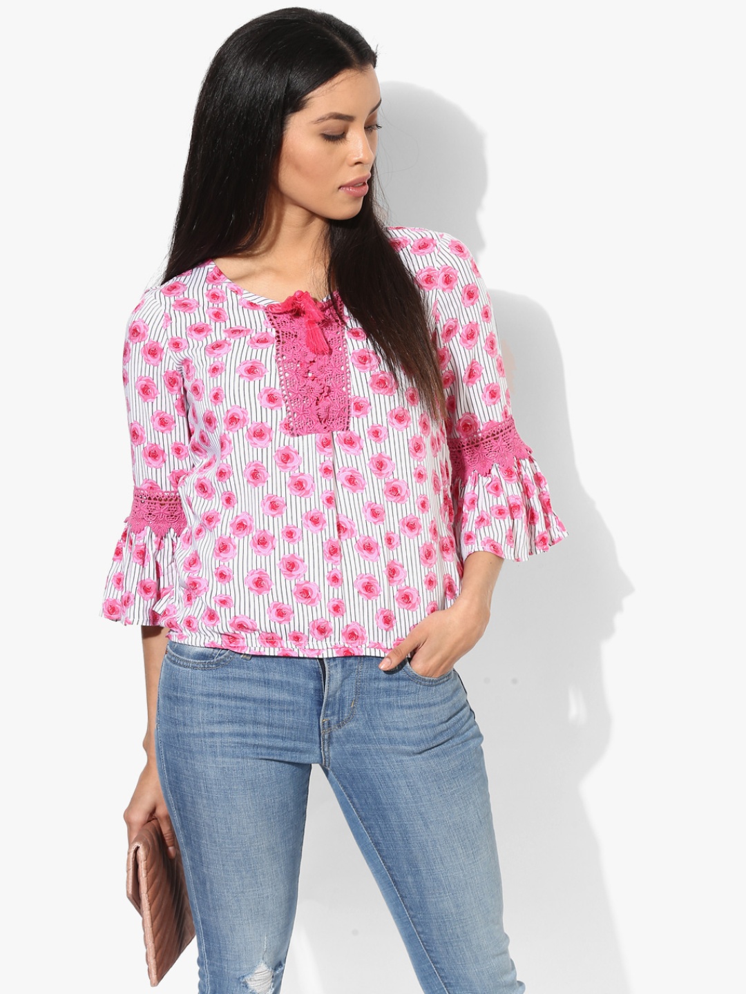 

Honey by Pantaloons Women Pink & White Printed Top