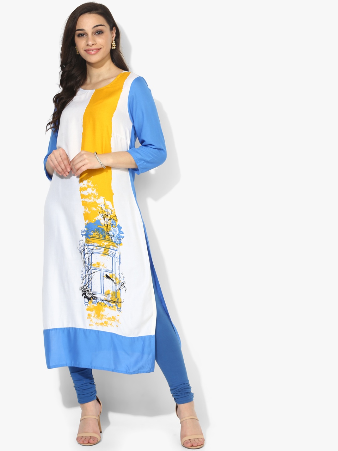 RANGMANCH BY PANTALOONS Women White & Yellow Quirky Printed Kurta