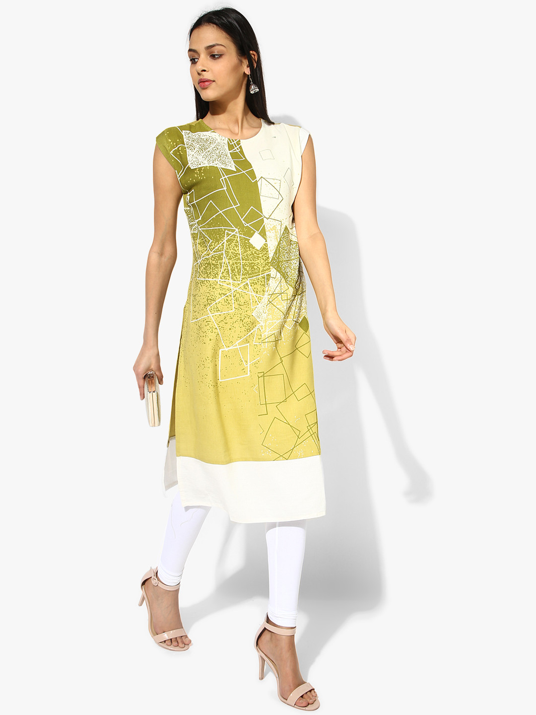 

RANGMANCH BY PANTALOONS Women Olive Green & Off-White Printed Straight Kurta