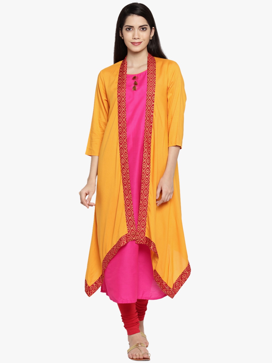 

RANGMANCH BY PANTALOONS Women Yellow & Pink Solid A-Line Kurta with Jacket