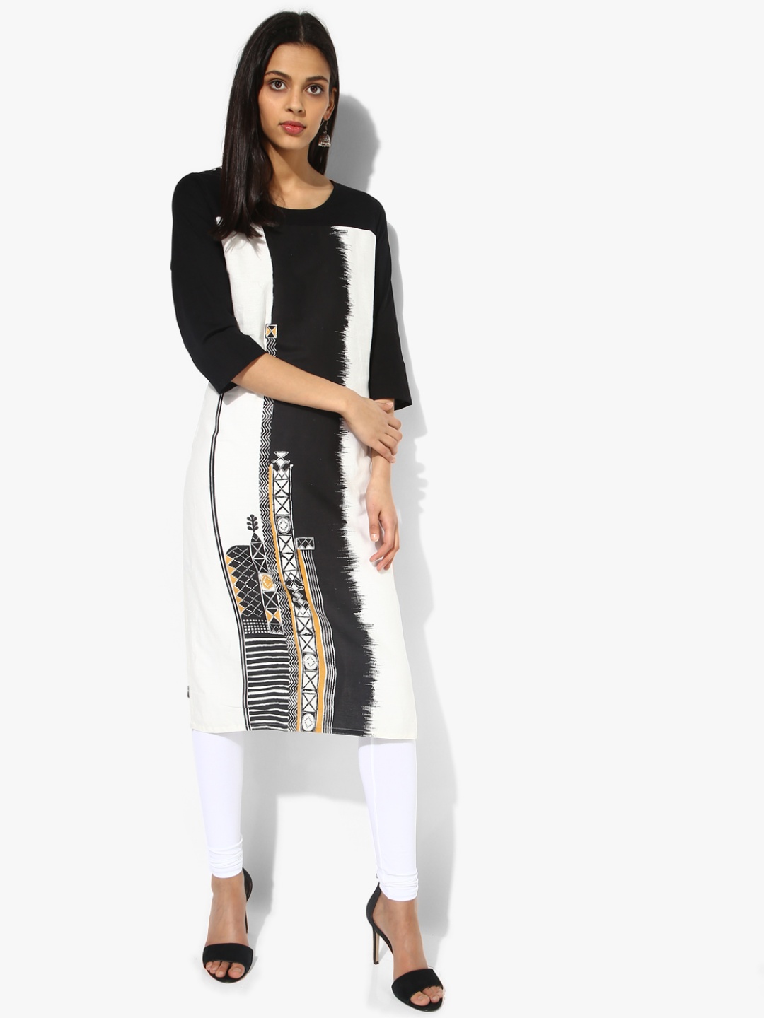 

RANGMANCH BY PANTALOONS Women White & Black Printed Straight Kurta