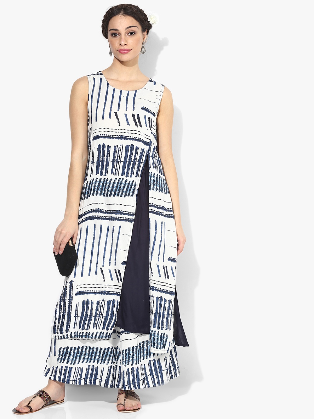

RANGMANCH BY PANTALOONS Women Off-White & Navy Blue Printed Straight Kurta
