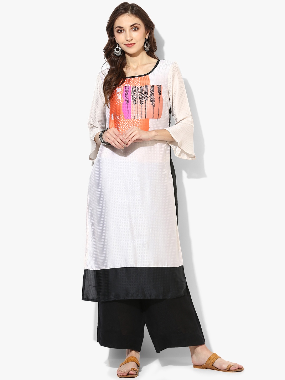 

RANGMANCH BY PANTALOONS Women Off-White & Black Printed Straight Kurta