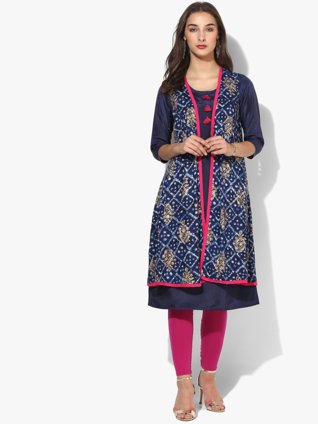 

RANGMANCH BY PANTALOONS Women Navy Blue & Pink Ethnic Motifs Printed Kurta