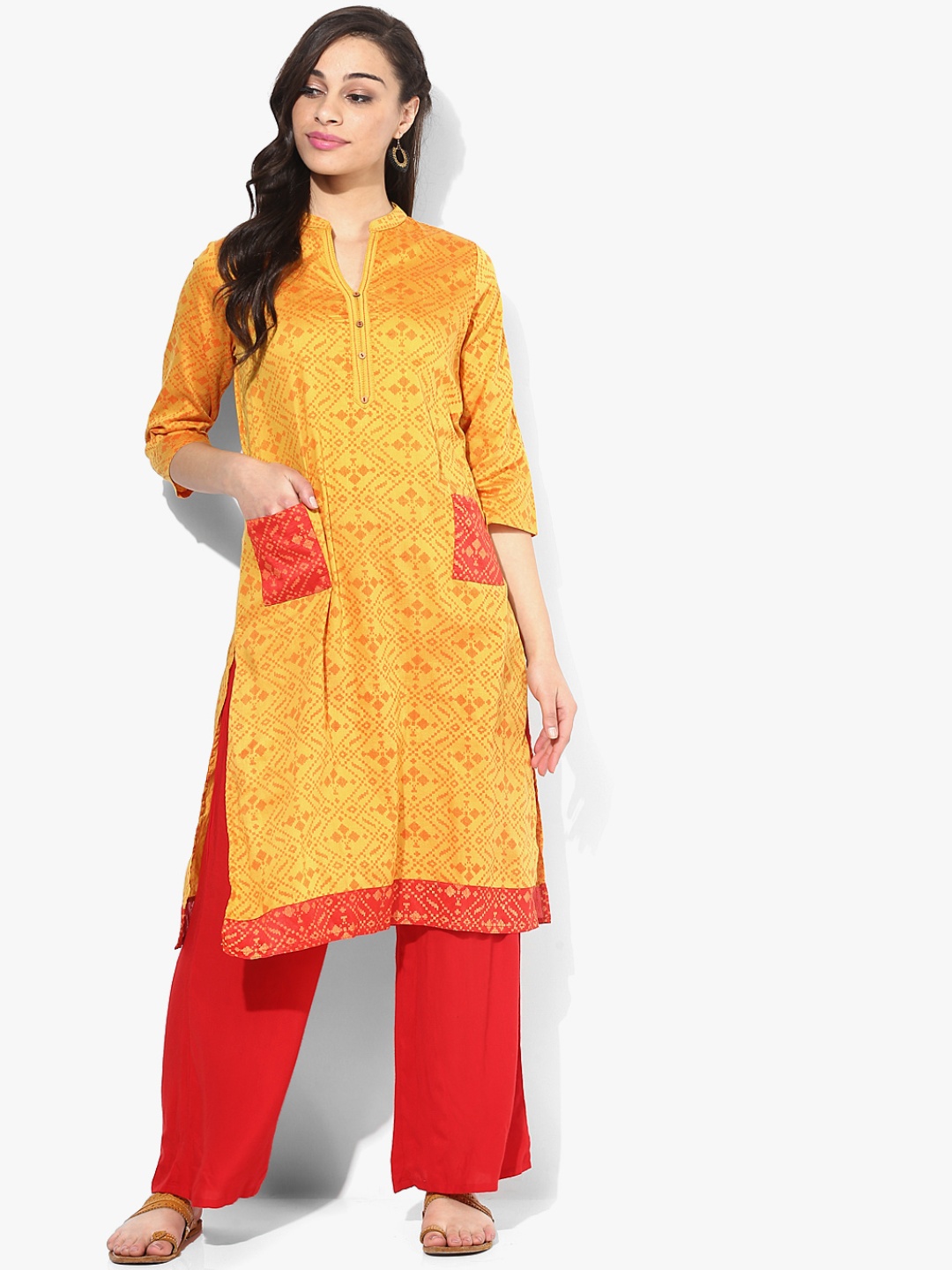 

RANGMANCH BY PANTALOONS Women Yellow Printed Straight Kurta
